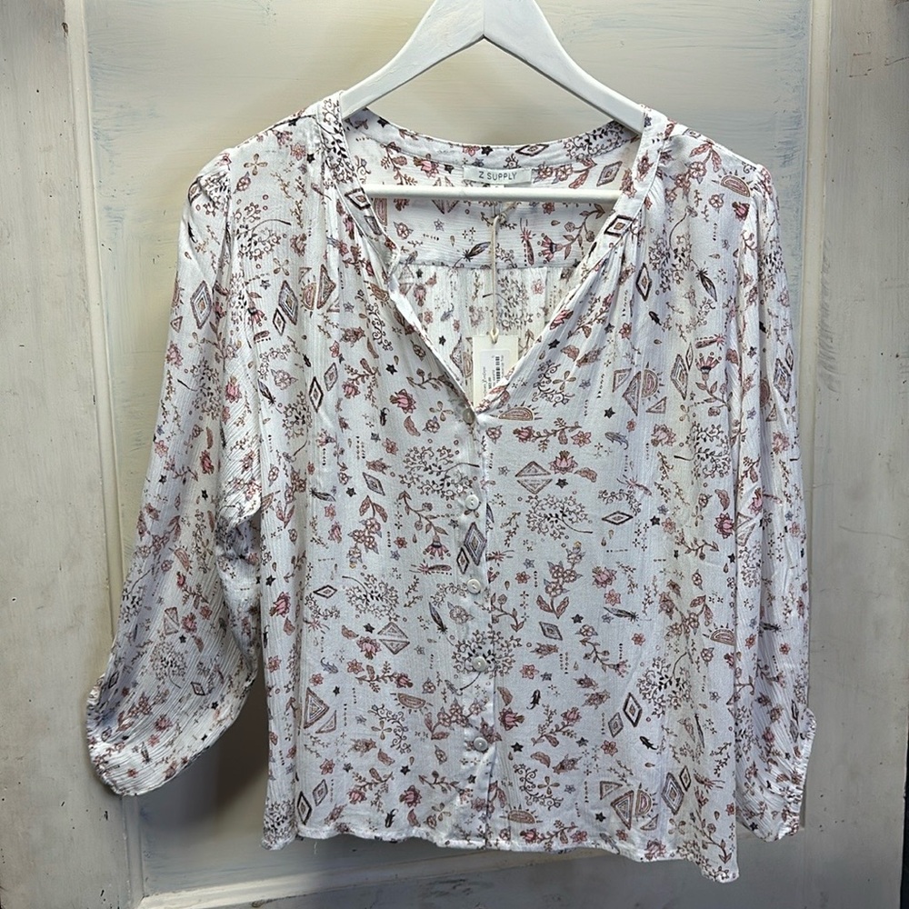 NWT Z Supply White and Brown Button “Kiya” Folk Button Down Shirt - Picture 5 of 9